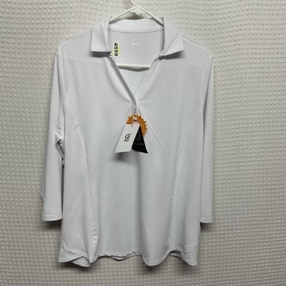 NWT Casei Sport UPF50+ White Stretchy 3/4 Sleeve V-Neck Polo Shirt Women XL